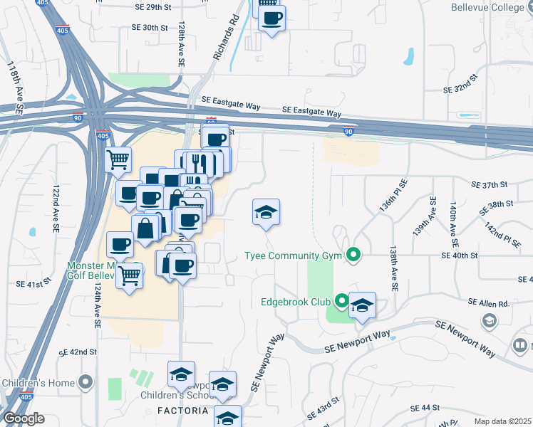 map of restaurants, bars, coffee shops, grocery stores, and more near 3810 132nd Avenue Southeast in Bellevue