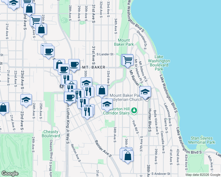 map of restaurants, bars, coffee shops, grocery stores, and more near 3310 S Mt Baker Blvd in Seattle