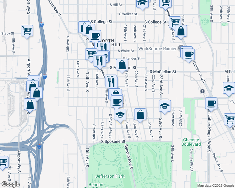 map of restaurants, bars, coffee shops, grocery stores, and more near 2922 Beacon Avenue South in Seattle