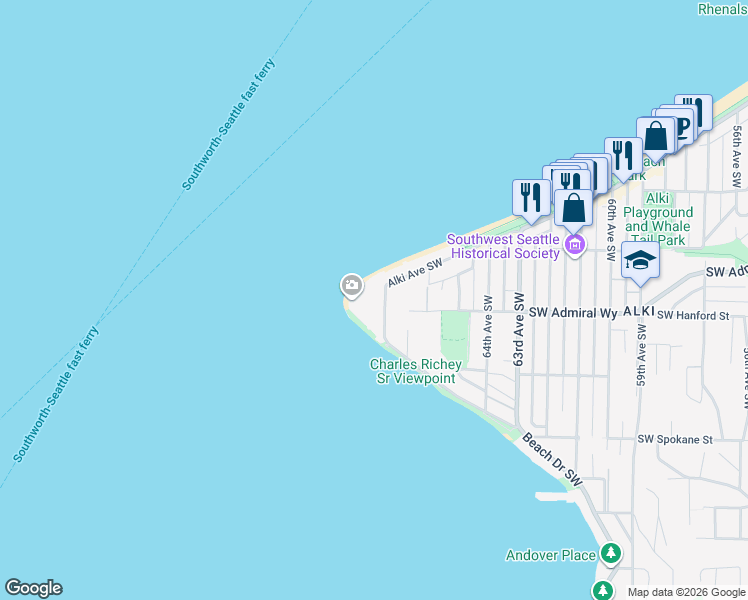 map of restaurants, bars, coffee shops, grocery stores, and more near 3201 Point Place Southwest in Seattle