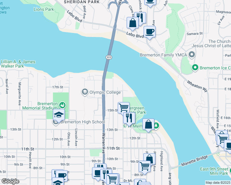 map of restaurants, bars, coffee shops, grocery stores, and more near 1735 Park Avenue in Bremerton