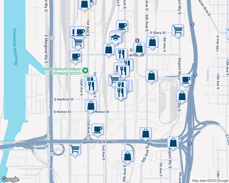 map of restaurants, bars, coffee shops, grocery stores, and more near 270 S Hanford St in Seattle