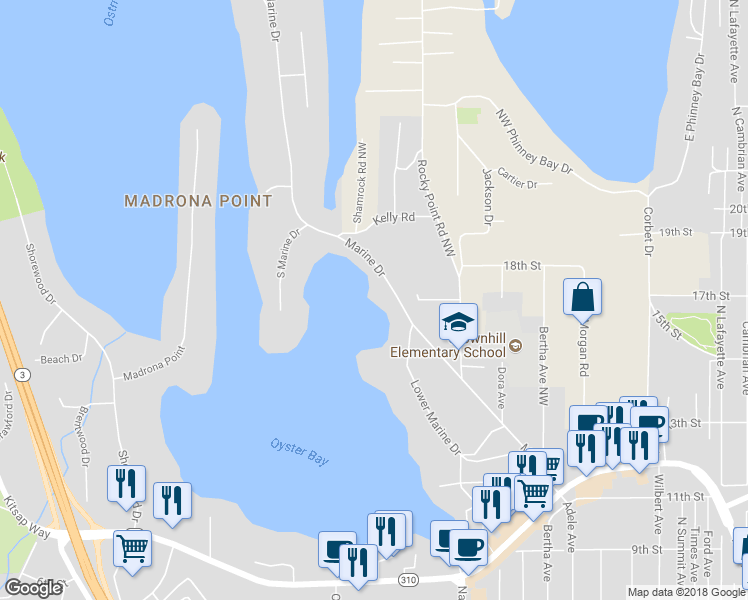 map of restaurants, bars, coffee shops, grocery stores, and more near 1563 Marine Drive in Bremerton