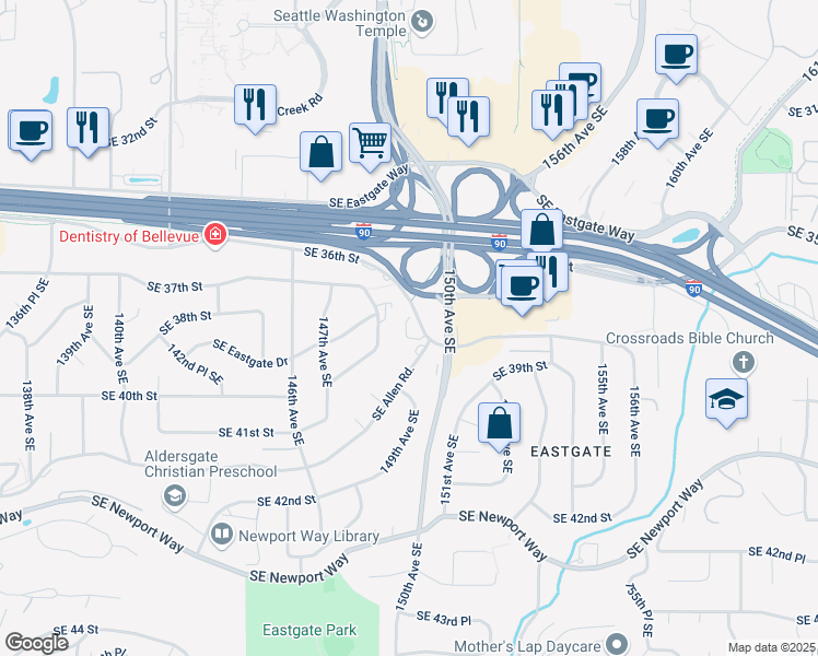 map of restaurants, bars, coffee shops, grocery stores, and more near 14826 Southeast 38th Street in Bellevue