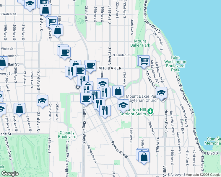map of restaurants, bars, coffee shops, grocery stores, and more near 3013 S Mt Baker Blvd in Seattle
