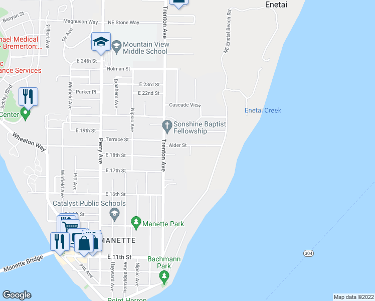 map of restaurants, bars, coffee shops, grocery stores, and more near 1739 Grove Street in Bremerton