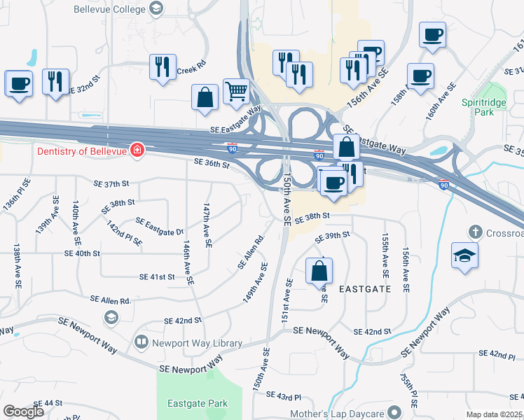 map of restaurants, bars, coffee shops, grocery stores, and more near 3730 148th Avenue Southeast in Bellevue