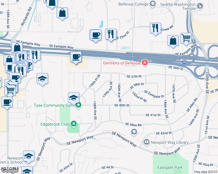 map of restaurants, bars, coffee shops, grocery stores, and more near 3728 139th Avenue Southeast in Bellevue