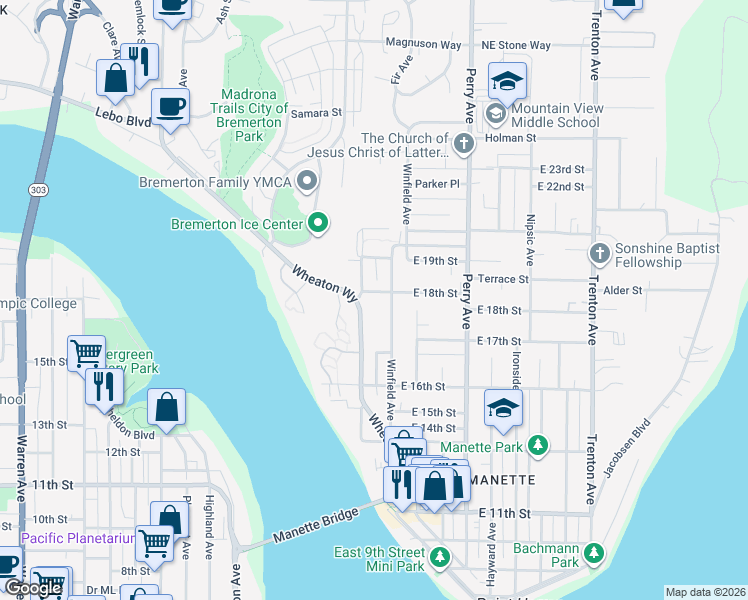 map of restaurants, bars, coffee shops, grocery stores, and more near 1805 Winfield Avenue in Bremerton