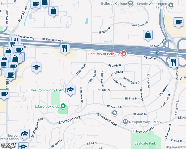 map of restaurants, bars, coffee shops, grocery stores, and more near 3728 139th Avenue Southeast in Bellevue