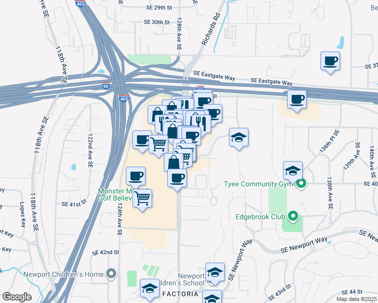 map of restaurants, bars, coffee shops, grocery stores, and more near 3724 Factoria Boulevard Southeast in Bellevue