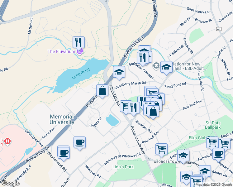 map of restaurants, bars, coffee shops, grocery stores, and more near 90 Allandale Road in St. John's