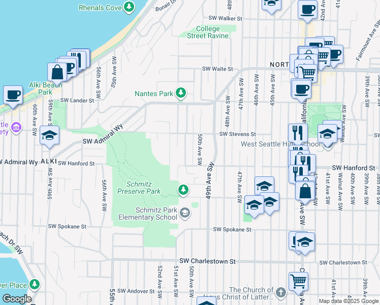 map of restaurants, bars, coffee shops, grocery stores, and more near 3015 Garlough Avenue Southwest in Seattle