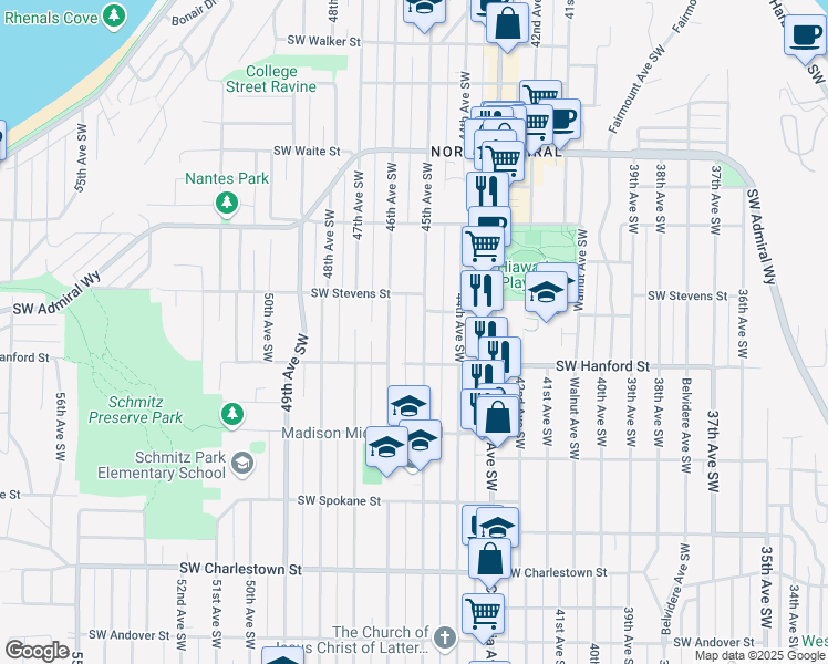 map of restaurants, bars, coffee shops, grocery stores, and more near 3017 45th Avenue Southwest in Seattle