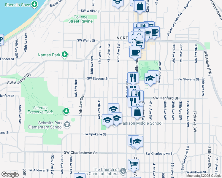 map of restaurants, bars, coffee shops, grocery stores, and more near 3013 46th Avenue Southwest in Seattle
