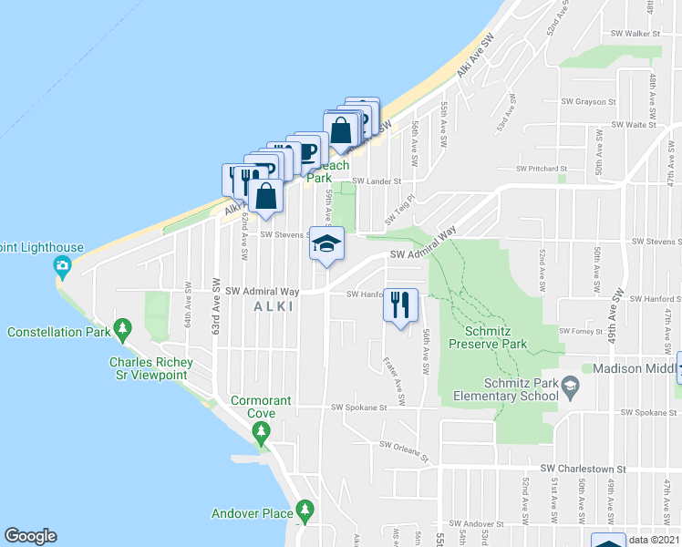 map of restaurants, bars, coffee shops, grocery stores, and more near 3024 59th Avenue Southwest in Seattle