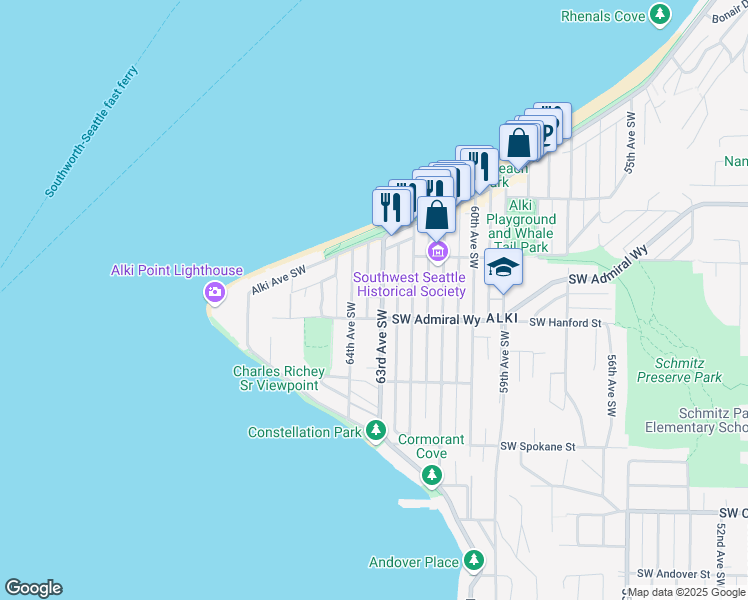 map of restaurants, bars, coffee shops, grocery stores, and more near 3043 63rd Avenue Southwest in Seattle