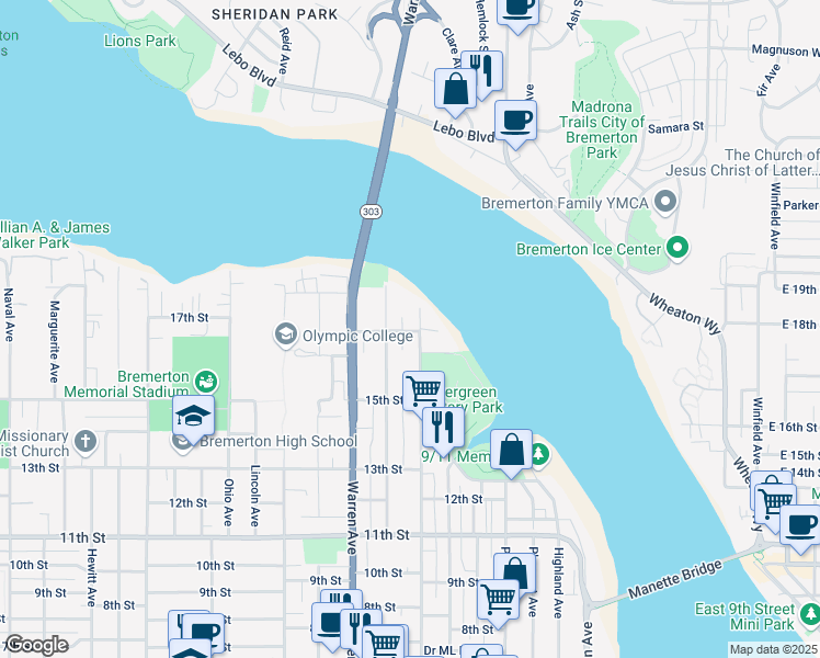 map of restaurants, bars, coffee shops, grocery stores, and more near 1735 Park Avenue in Bremerton