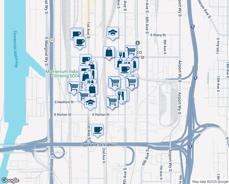 map of restaurants, bars, coffee shops, grocery stores, and more near 270 South Hanford Street in Seattle