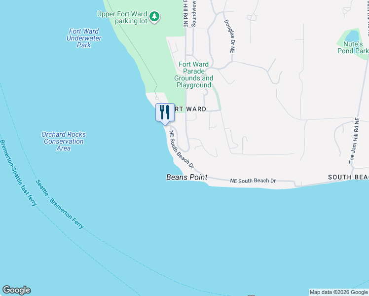 map of restaurants, bars, coffee shops, grocery stores, and more near 1507 Fort Ward Hill Road Northeast in Bainbridge Island