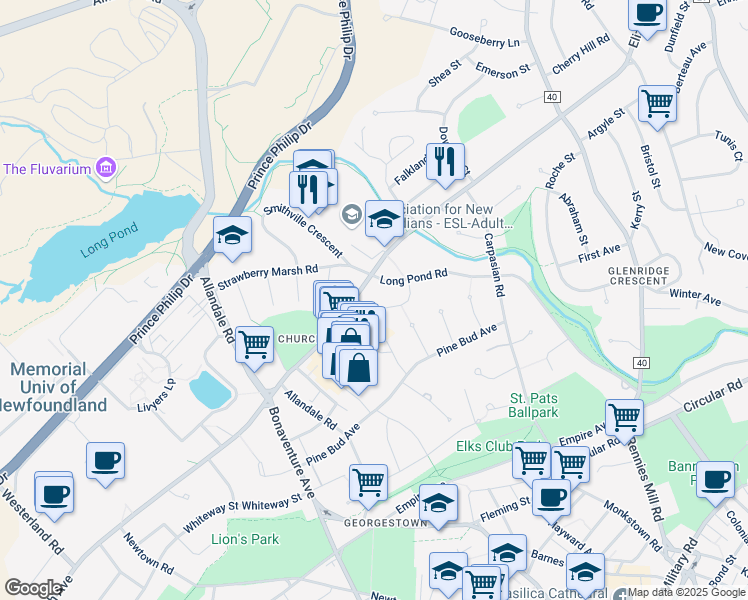 map of restaurants, bars, coffee shops, grocery stores, and more near 16 A Exeter Avenue in St. John's