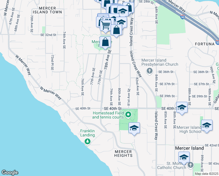 map of restaurants, bars, coffee shops, grocery stores, and more near 3731 79th Avenue Southeast in Mercer Island