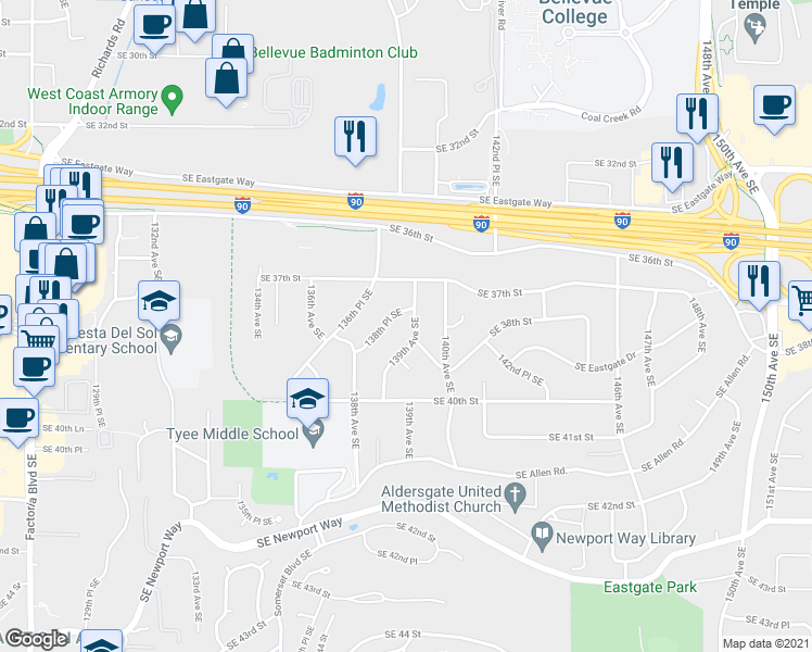 map of restaurants, bars, coffee shops, grocery stores, and more near 3739 139th Avenue Southeast in Bellevue
