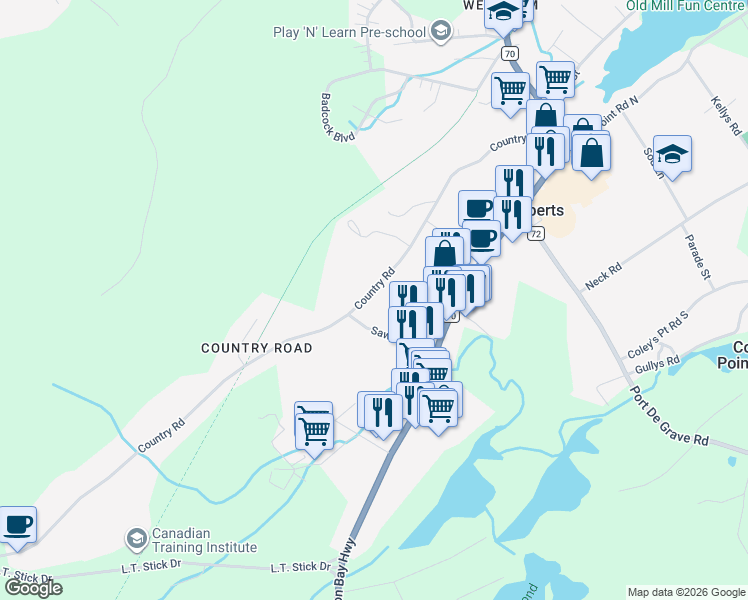 map of restaurants, bars, coffee shops, grocery stores, and more near 79 Country Road in Coley's Point South