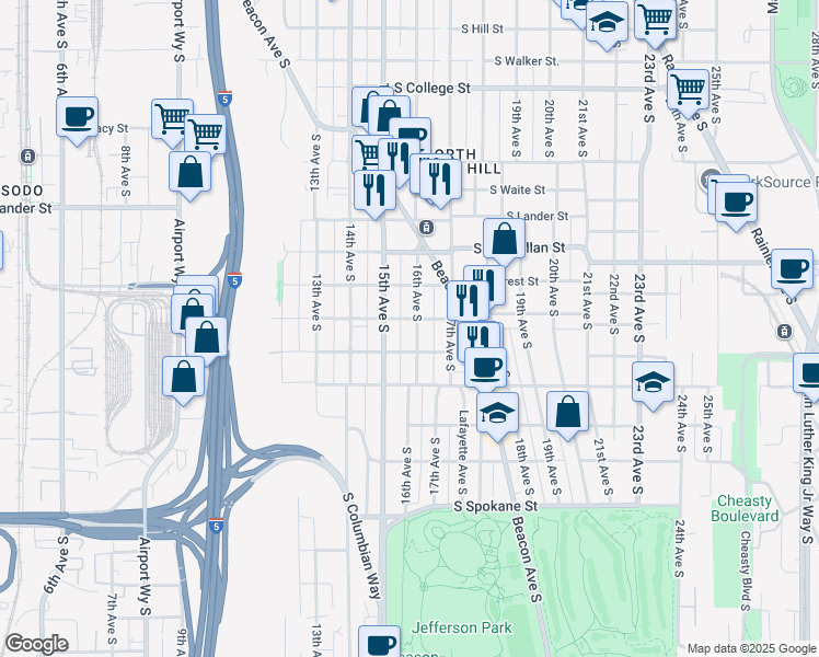 map of restaurants, bars, coffee shops, grocery stores, and more near 2920 15th Avenue South in Seattle