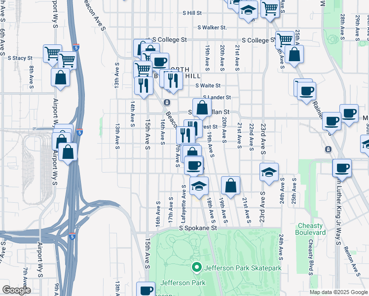 map of restaurants, bars, coffee shops, grocery stores, and more near 2922 Beacon Avenue South in Seattle