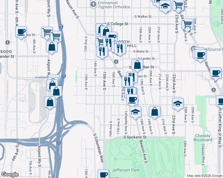 map of restaurants, bars, coffee shops, grocery stores, and more near 2920 15th Avenue South in Seattle