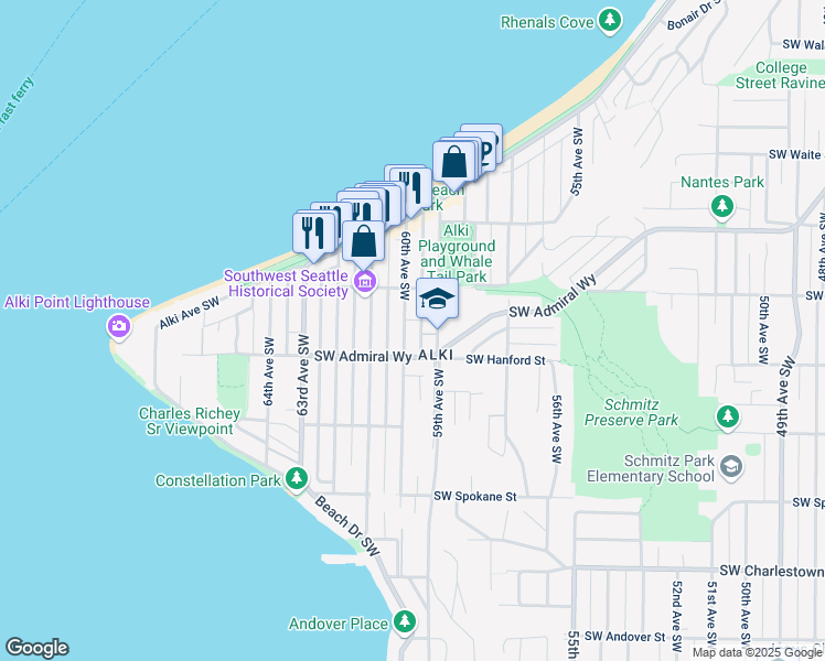 map of restaurants, bars, coffee shops, grocery stores, and more near 3016 60th Avenue Southwest in Seattle