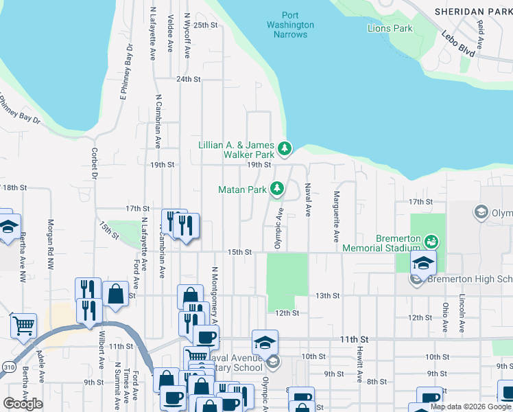 map of restaurants, bars, coffee shops, grocery stores, and more near 1703 Bloomington Avenue in Bremerton