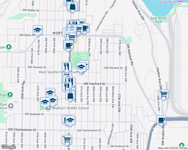 map of restaurants, bars, coffee shops, grocery stores, and more near 4004 Southwest Stevens Street in Seattle