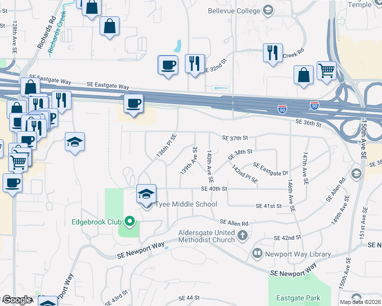 map of restaurants, bars, coffee shops, grocery stores, and more near 3739 139th Avenue Southeast in Bellevue