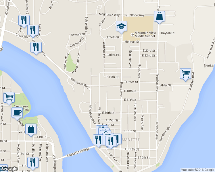 map of restaurants, bars, coffee shops, grocery stores, and more near 2018 East 18th Street in Bremerton