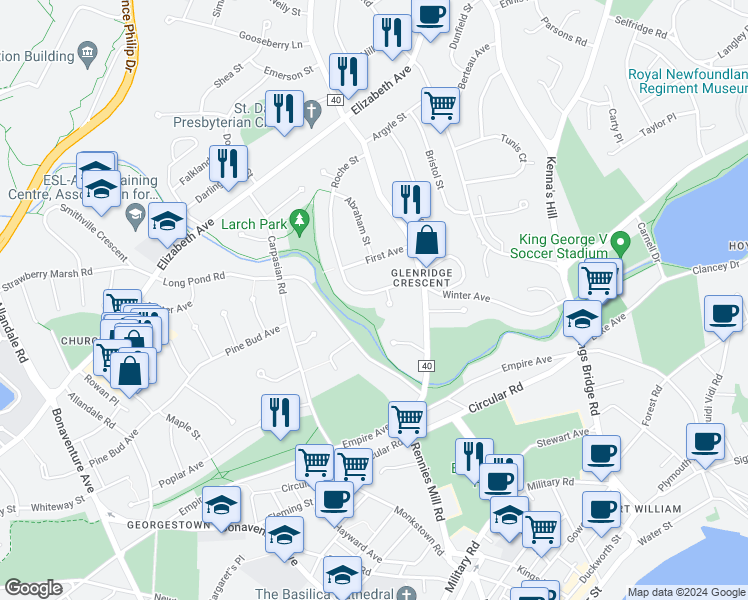 map of restaurants, bars, coffee shops, grocery stores, and more near 9 Roche Street in St. John's