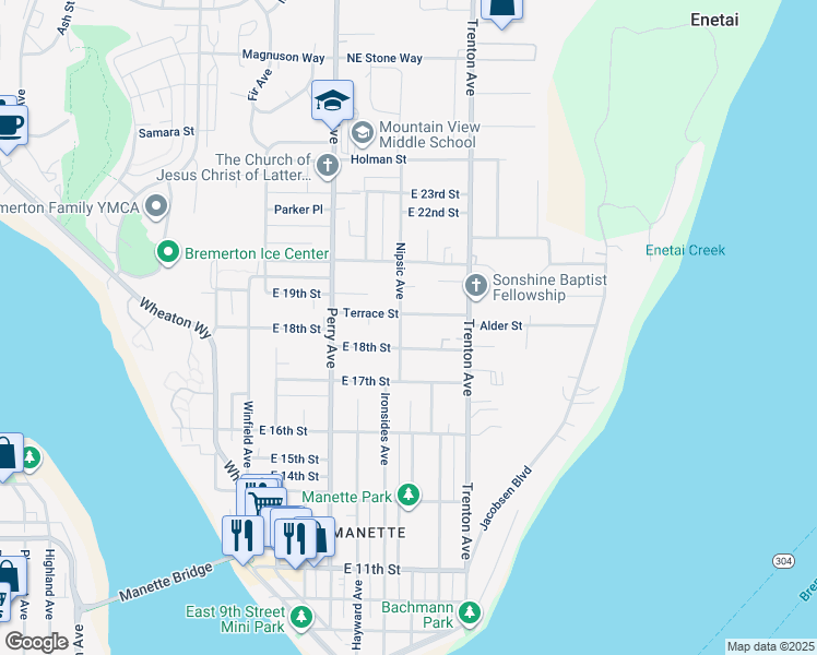 map of restaurants, bars, coffee shops, grocery stores, and more near 1814 Nipsic Avenue in Bremerton