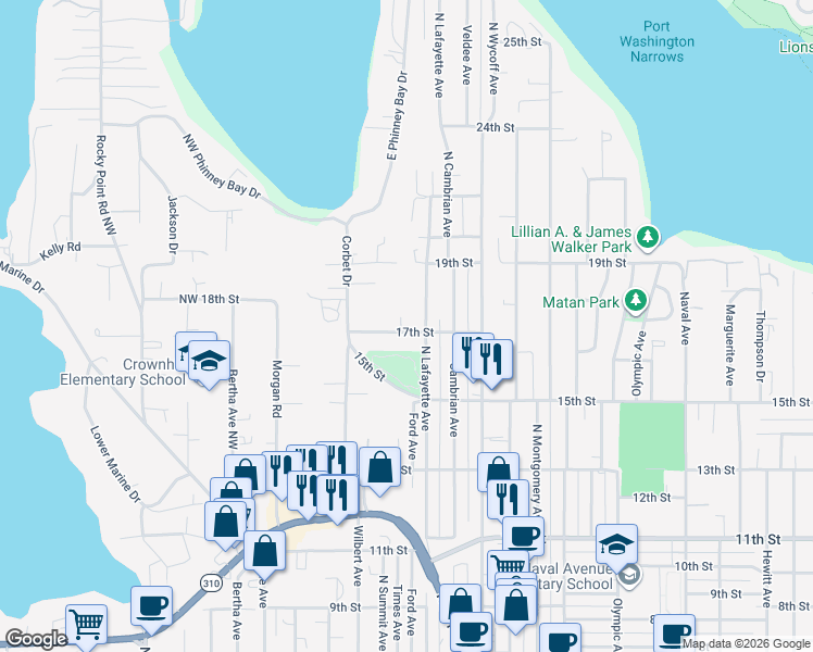 map of restaurants, bars, coffee shops, grocery stores, and more near 3012 17th Street in Bremerton