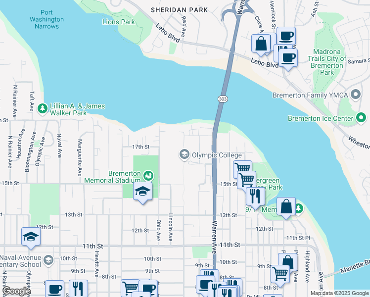 map of restaurants, bars, coffee shops, grocery stores, and more near 1660 Chester Avenue in Bremerton
