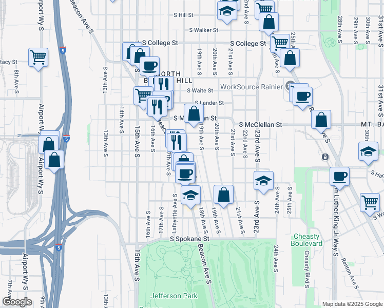 map of restaurants, bars, coffee shops, grocery stores, and more near 1807 South Stevens Street in Seattle