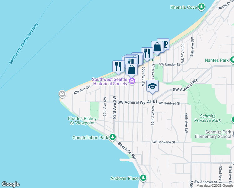 map of restaurants, bars, coffee shops, grocery stores, and more near 3043 63rd Avenue Southwest in Seattle