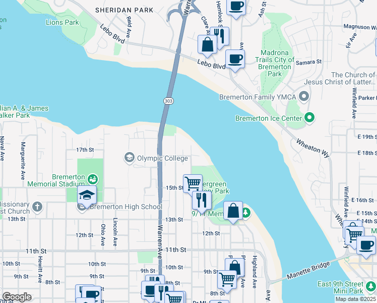 map of restaurants, bars, coffee shops, grocery stores, and more near 1735 Park Avenue in Bremerton