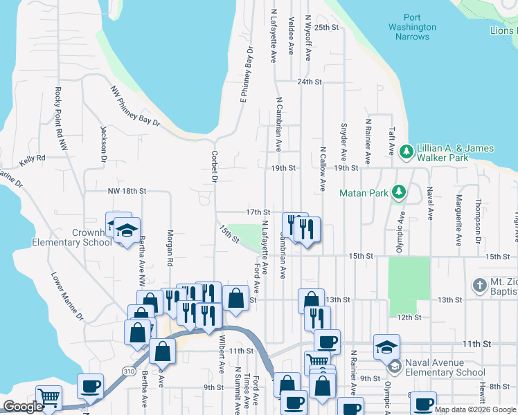 map of restaurants, bars, coffee shops, grocery stores, and more near 1718 North Lafayette Avenue in Bremerton