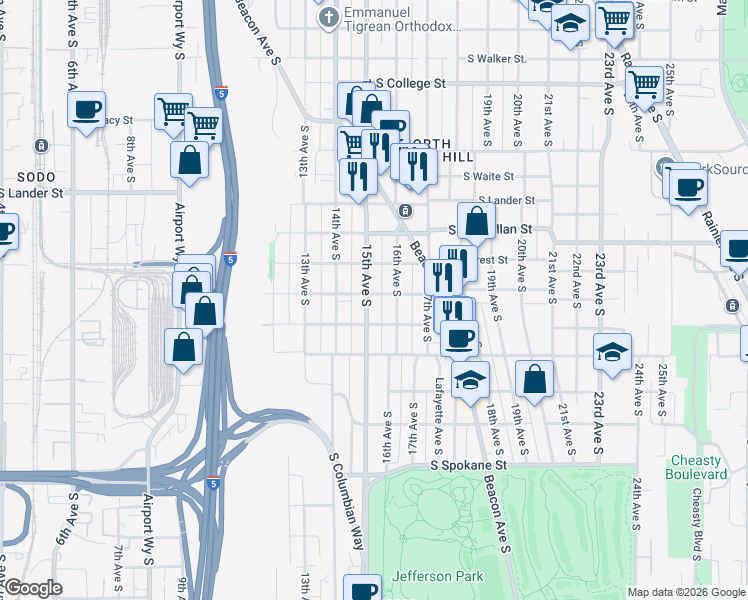 map of restaurants, bars, coffee shops, grocery stores, and more near 2920 15th Avenue South in Seattle