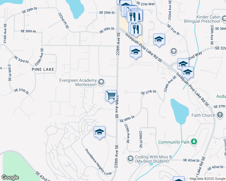 map of restaurants, bars, coffee shops, grocery stores, and more near 3607 228th Avenue Southeast in Issaquah