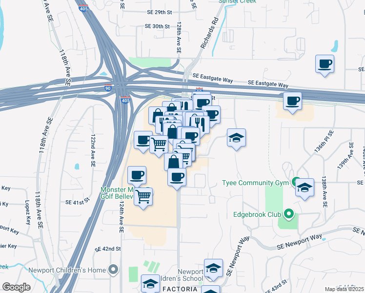 map of restaurants, bars, coffee shops, grocery stores, and more near 3724 Factoria Boulevard Southeast in Bellevue