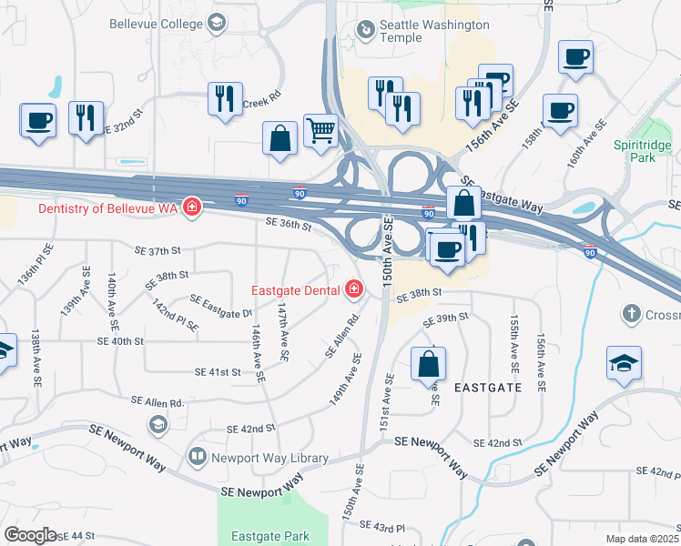 map of restaurants, bars, coffee shops, grocery stores, and more near 3730 148th Avenue Southeast in Bellevue