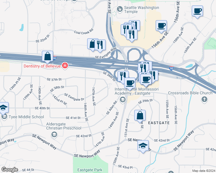 map of restaurants, bars, coffee shops, grocery stores, and more near 16160 Southeast Eastgate Drive in Bellevue