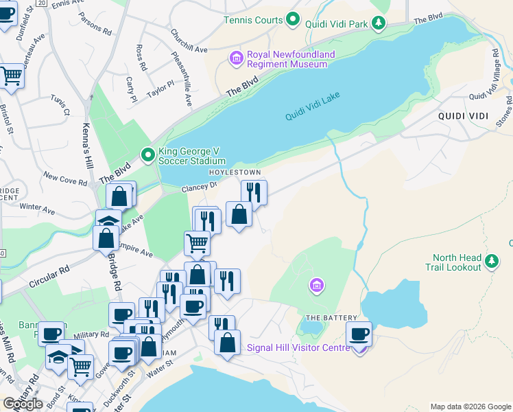 map of restaurants, bars, coffee shops, grocery stores, and more near 110 Forest Road in St. John's